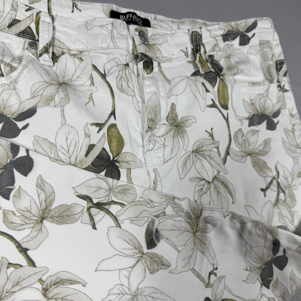 Buffalo David Bitton Womens Floral Botanical Slim Stretch Pants White Green 12